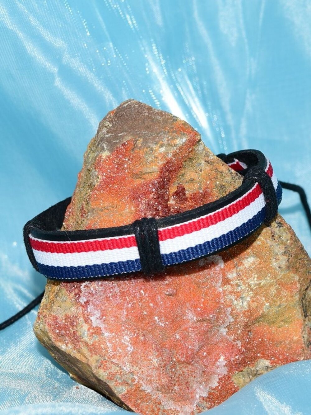 Rey Ribbon Slide Tie Leather Bracelet Red White Blue Stripe Womens Gift Packaged